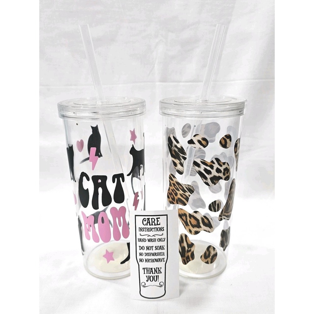 2 Plastic Tumbler 20oz With Lid Straw Cat Lover Mom Leopard Jaguar Cheetah Print